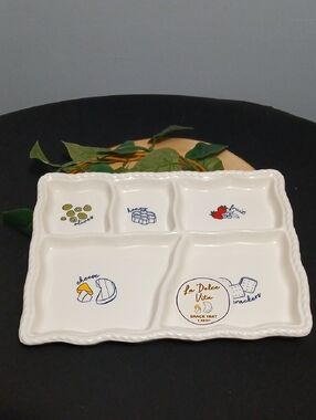 Dolce Vita Cream Ceramic Sectioned Appetizer Platter with Food Illustrations NWT